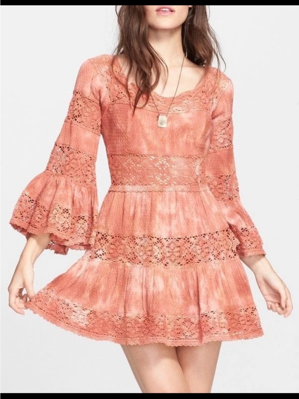Free People Sunrise Distress Orange Pippa Fit/Flare Bell Slv Dress $168 -Medium